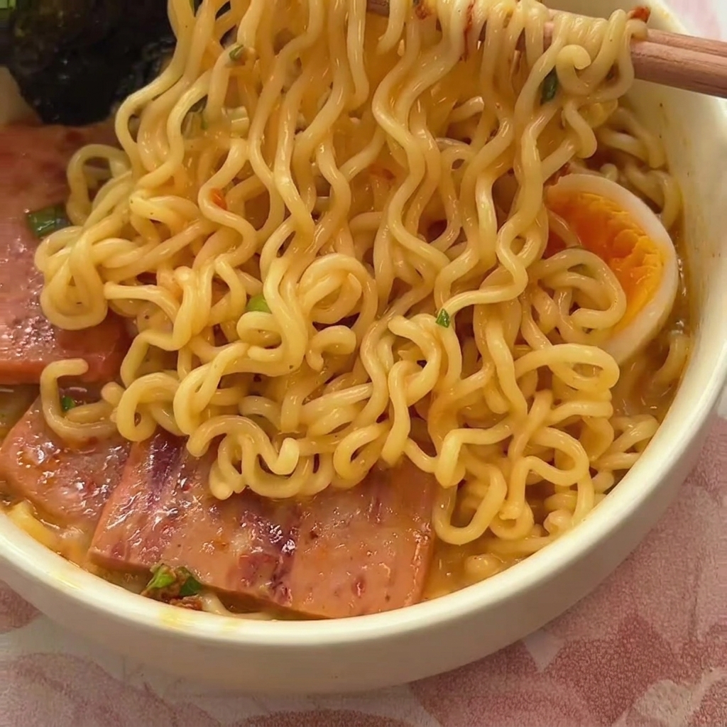 A close-up of a bowl containing minced garlic, noodle seasoning powder, a dollop of mayonnaise, and a bright raw egg yolk.