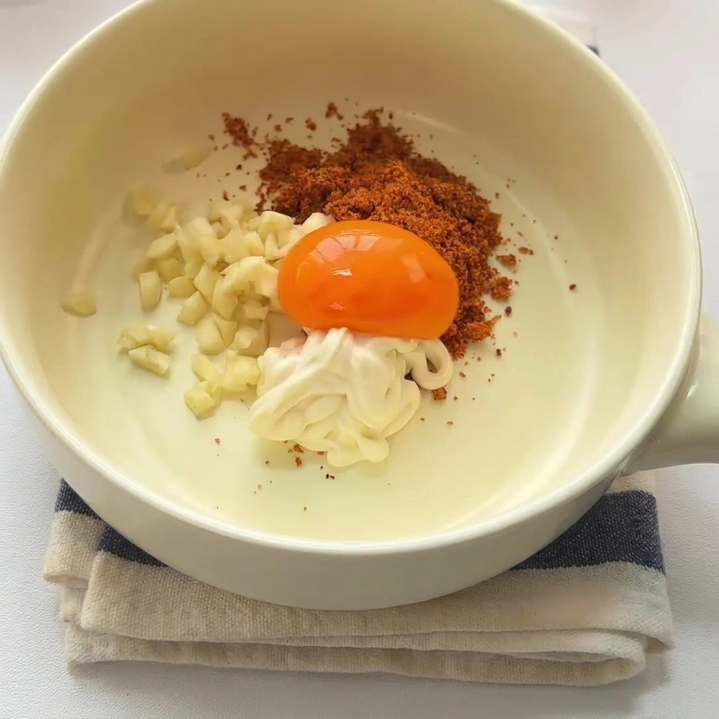 A wooden spoon stirring a thick, creamy sauce inside a white bowl, blending all ingredients until uniform.