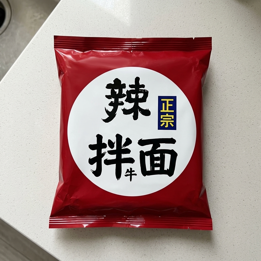 A block of instant noodles being submerged and stirred in a pot of boiling water.