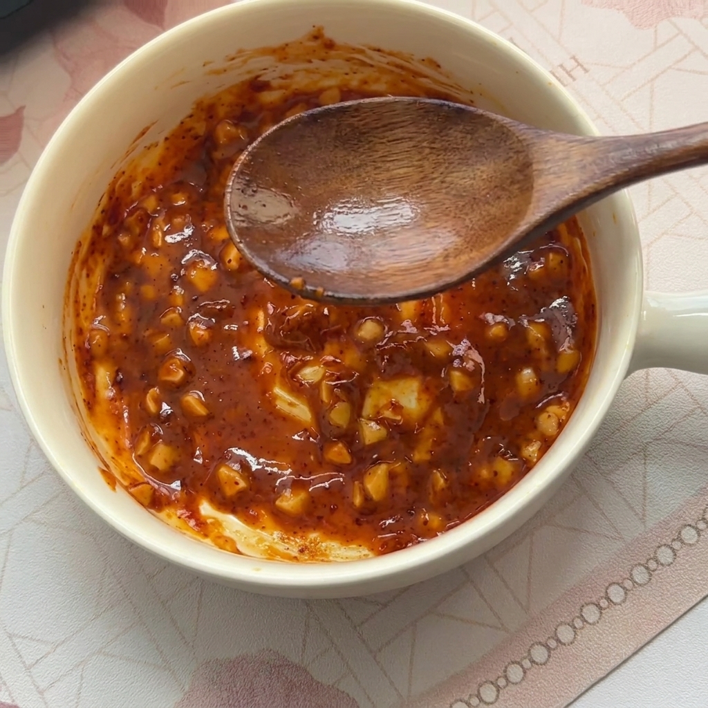 Hot, cloudy noodle water being poured into the sauce bowl and stirred, resulting in a creamy, emulsified broth base.