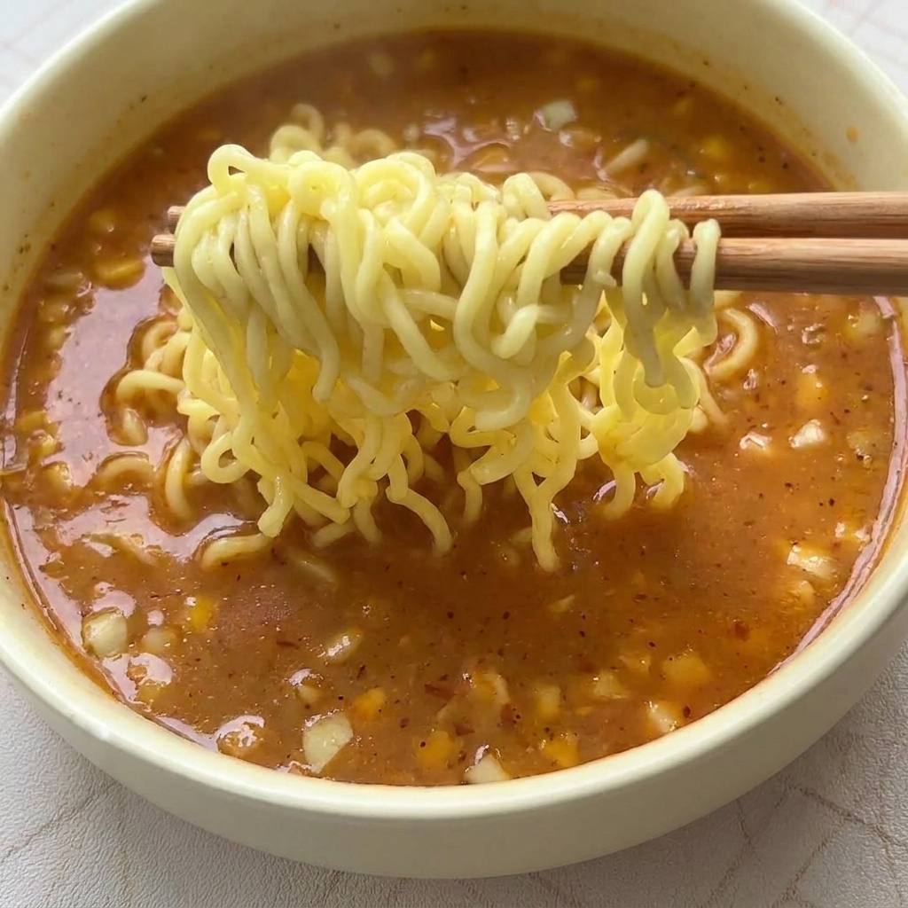 Cooked, wavy noodles being added to the white bowl containing the creamy, seasoned broth.