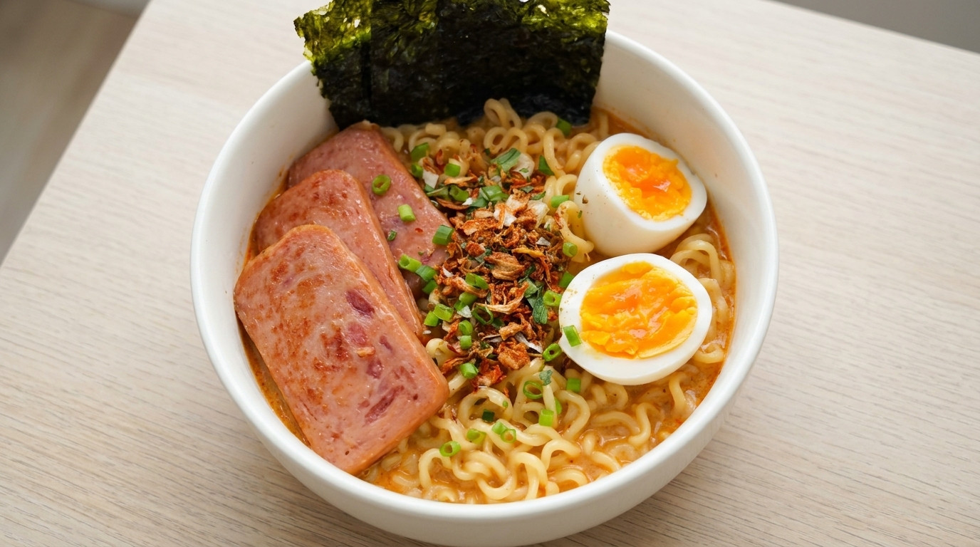 Spicy Creamy Instant Noodles with Spam and Egg