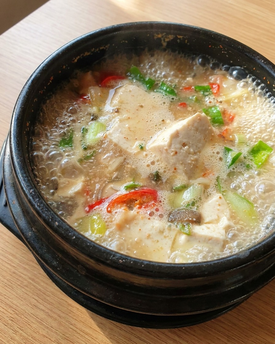 Soft white tofu cubes and chili peppers in the rich, bubbling soybean paste stew.