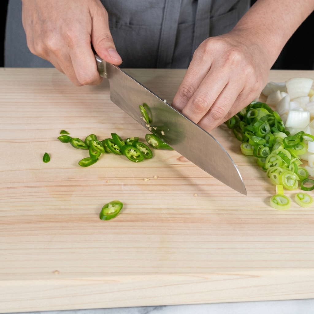 A hand using a knife to slice a fresh green chili pepper diagonally on a wooden cutting board.
