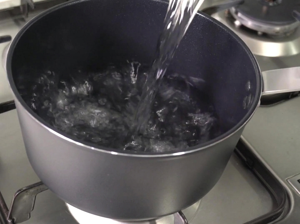 Clear water being poured into an empty dark gray pot sitting on a stovetop burner.