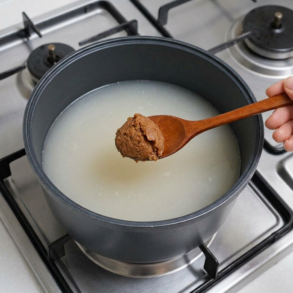 A wooden spoon holding a generous dollop of brown soybean paste being lowered into the broth.