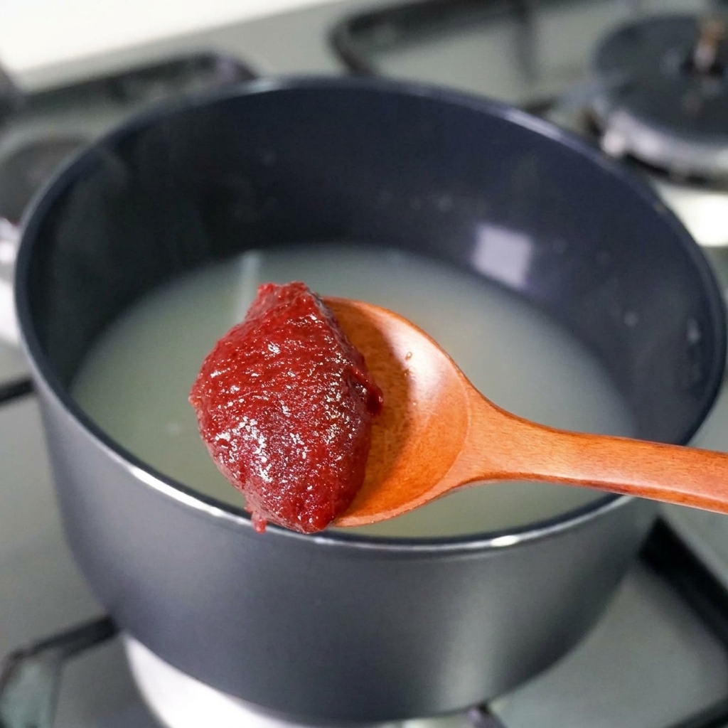 A spoonful of thick red chili paste being added into the pot of broth.