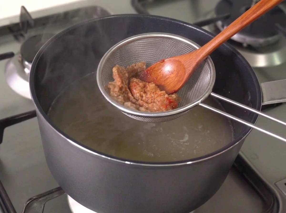A wooden spoon and a strainer being used to stir and dissolve the pastes into the hot broth.