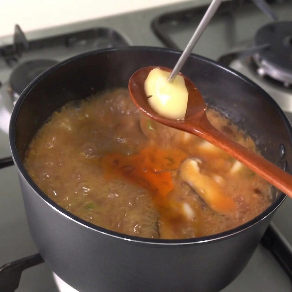 A wooden spoon lifting a piece of cooked potato from the boiling stew to check its doneness.