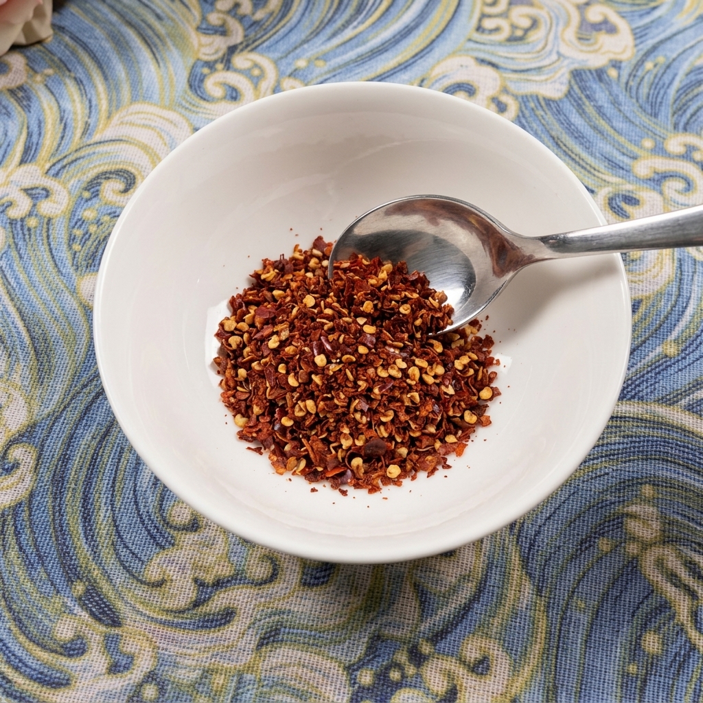 A close-up view of a metal spoon mixing dark reddish-brown seasoning paste inside a white ceramic bowl.