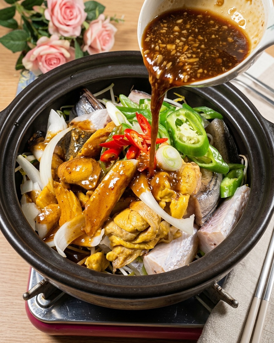 Seasoning sauce being poured from a white bowl into the center of the clay pot filled with fish, roe, and vegetables.