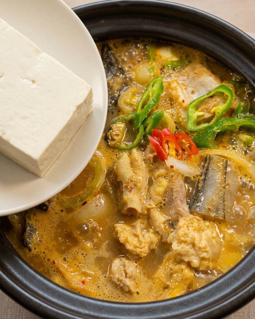 A hand placing a thick slice of white tofu into a bubbling, reddish-orange fish soup in a clay pot.
