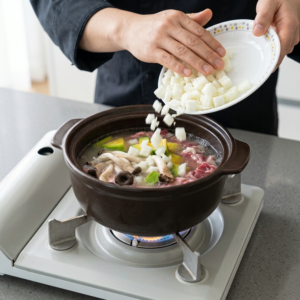 Chopped onions being poured into the pot of stew.