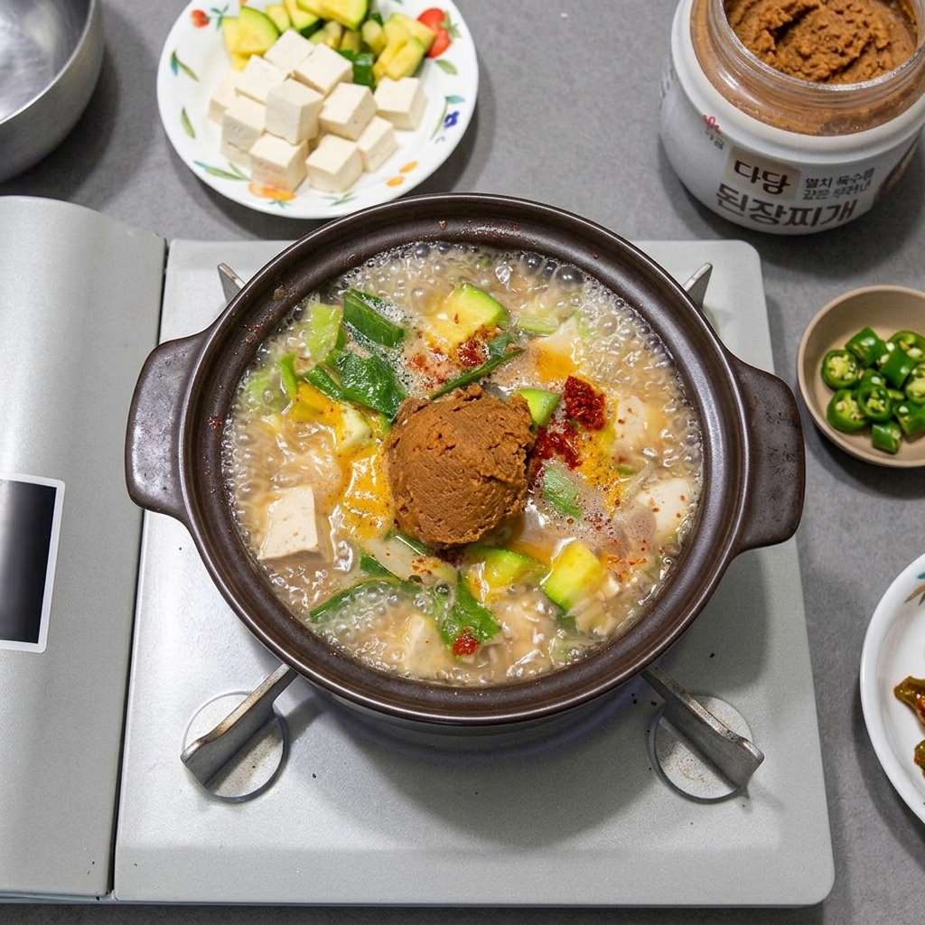 A large wooden spoonful of brown Korean soybean paste being lowered into the boiling stew.