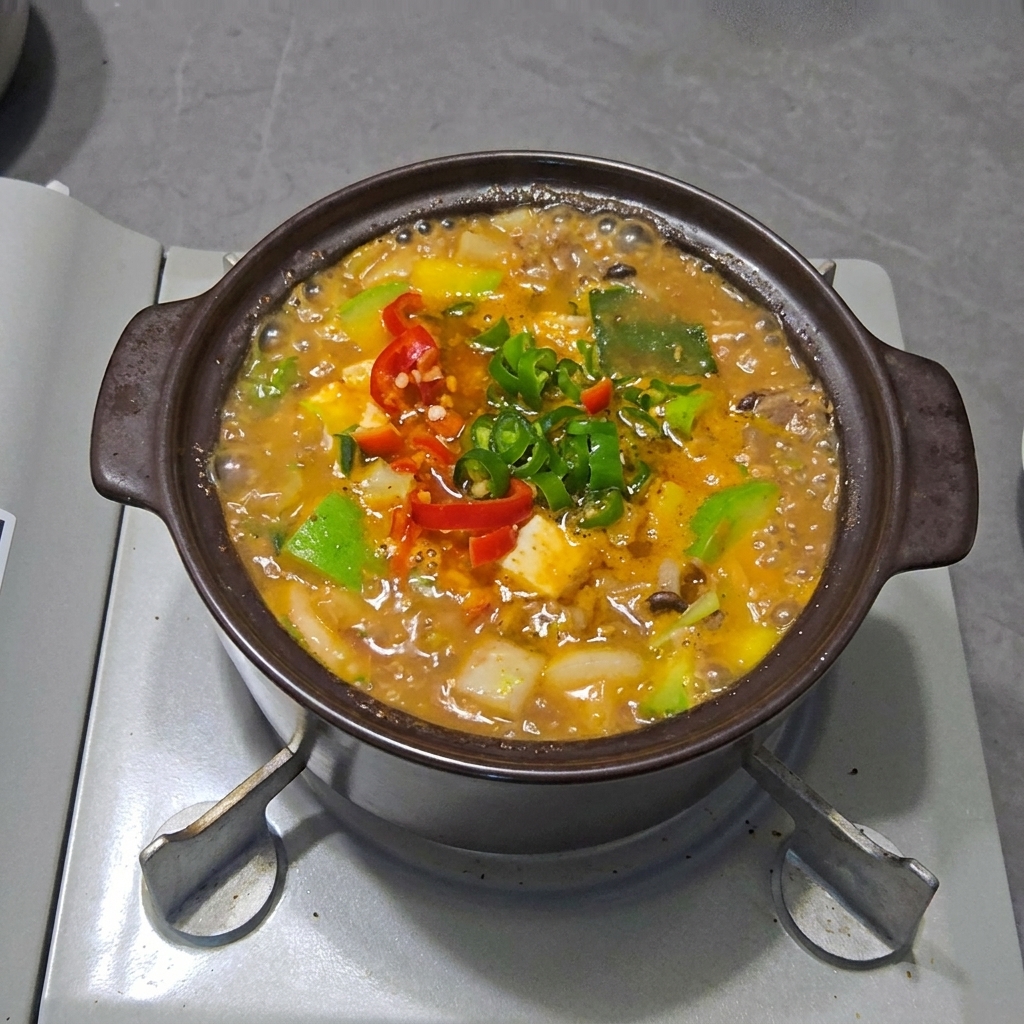 Minced garlic being stirred into the pot of finished stew.