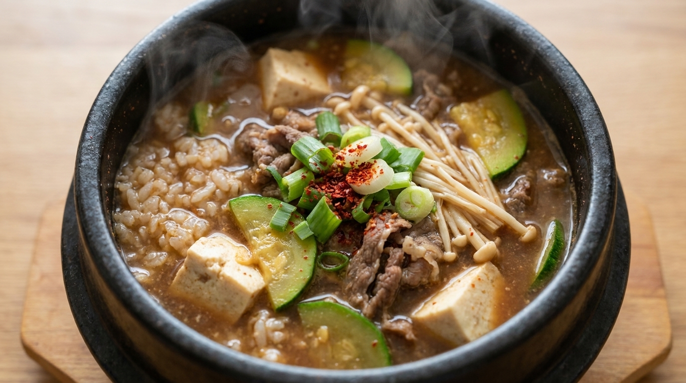 Korean Soybean Paste Stew with Rice (Doenjang-jjigae Bap)