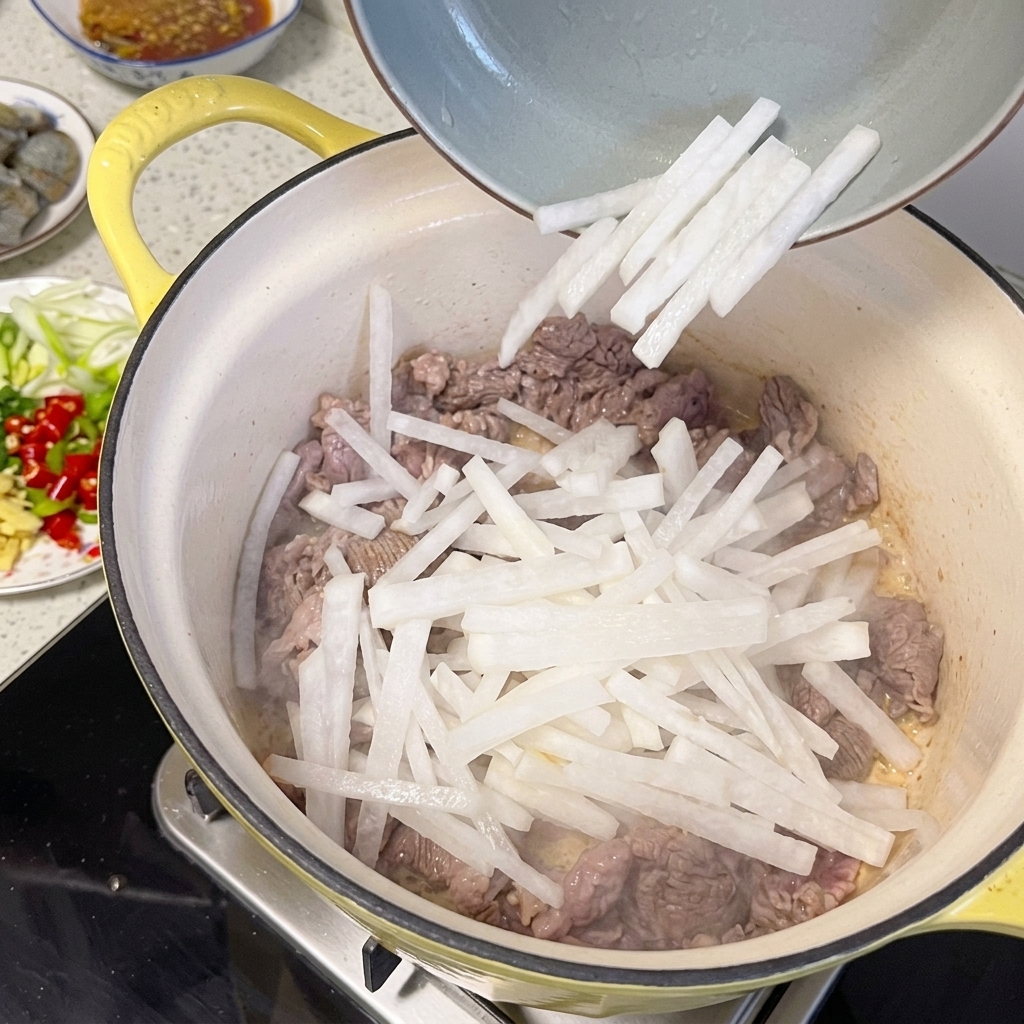 Radish strips being mixed with the cooked beef in the pot.
