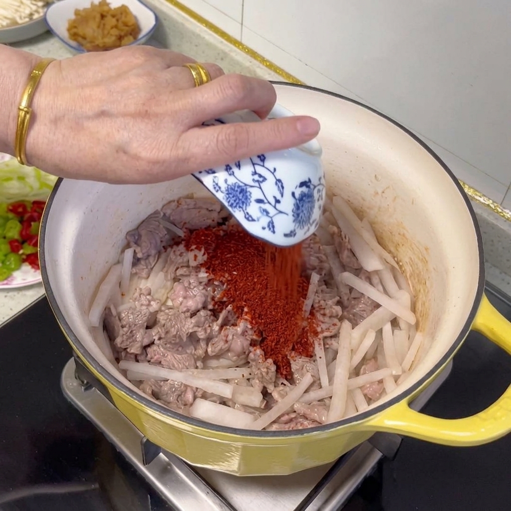 Red pepper powder being stirred into the beef and radish mixture in the pot.