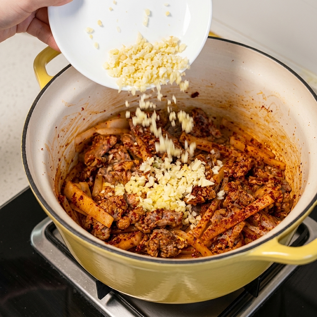 Aromatic minced garlic and ginger being mixed into the sautéing ingredients.