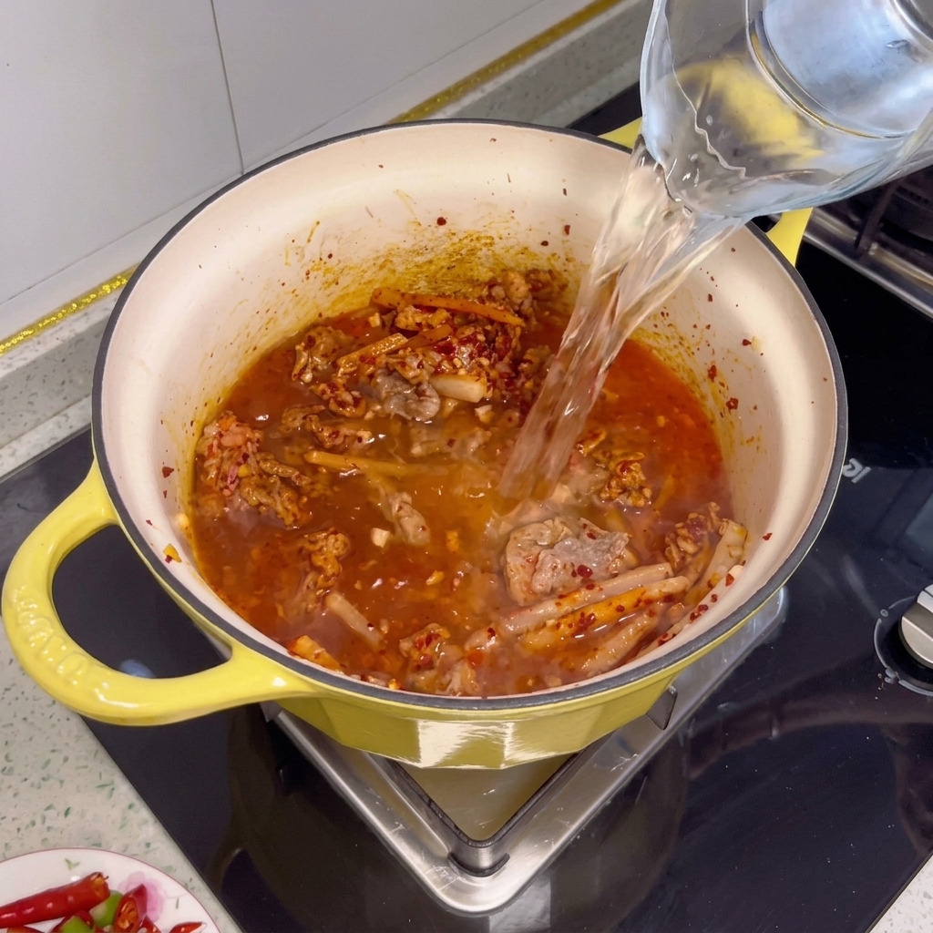 Water being poured into a yellow pot containing stir-fried beef and seasonings.