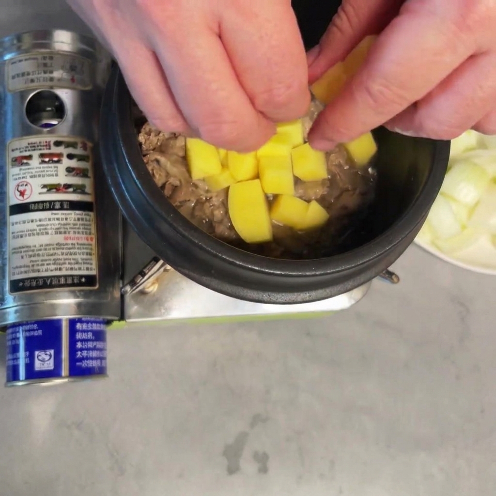 Potatoes being added to the pot with the seared beef.