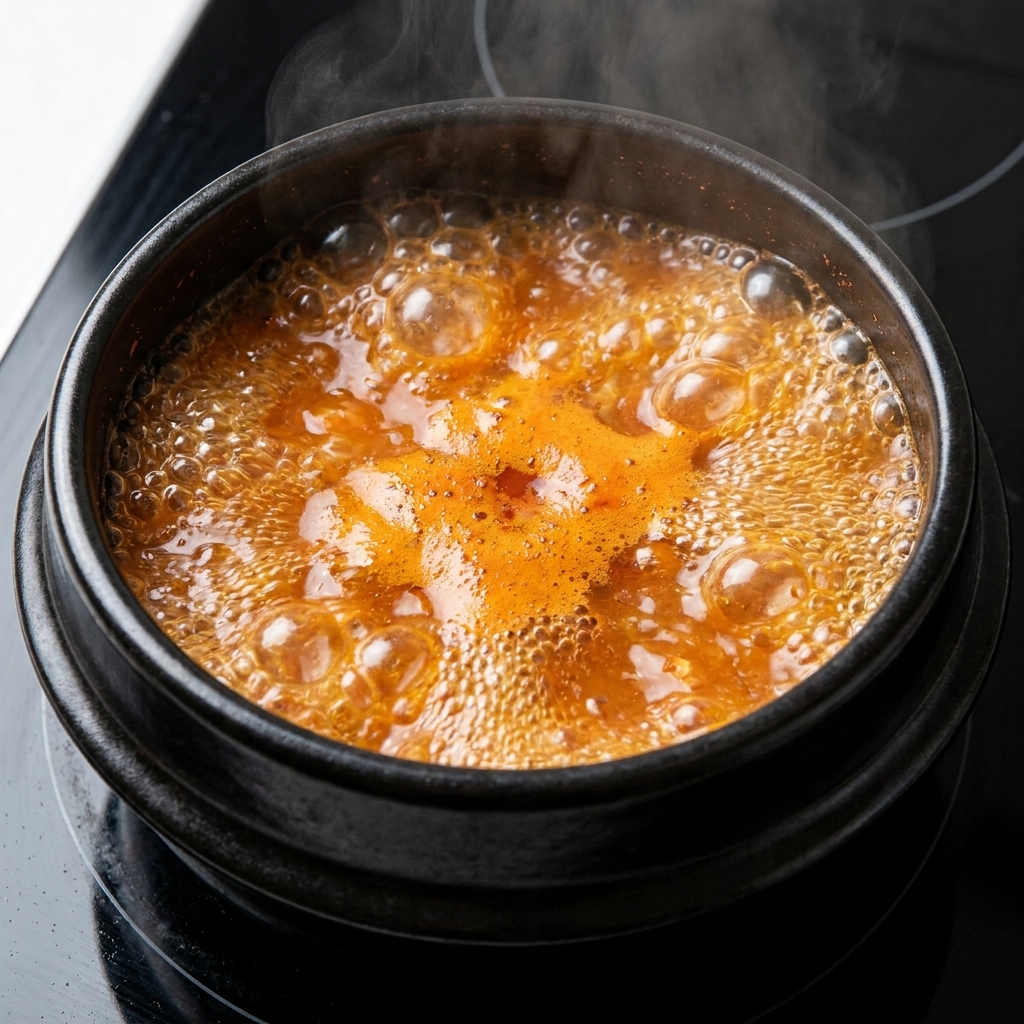 A stream of water being poured into the dark red paste mixture in the pot.