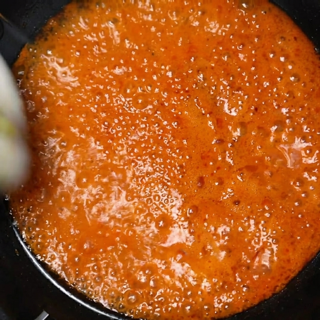 Zucchini slices being dropped into a pot of bubbling red stew.
