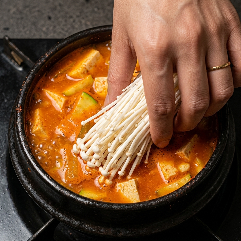 Fresh enoki mushrooms being arranged on the surface of the simmering bean paste stew.