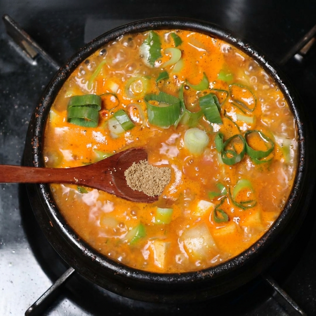 A wooden spoon stirring brown anchovy seasoning powder into the bubbling, spicy orange stew.