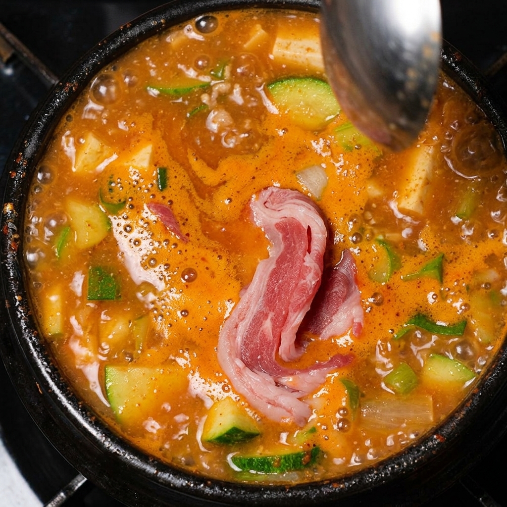 Thin slices of red, raw beef brisket being dropped into the hot, bubbling stew pot.