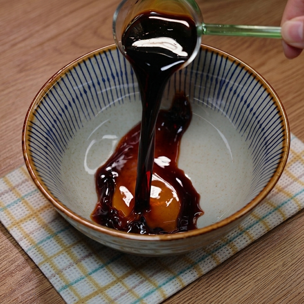 A small bowl containing soy sauce, oyster sauce, chili powder, sesame seeds, and sugar being mixed together.