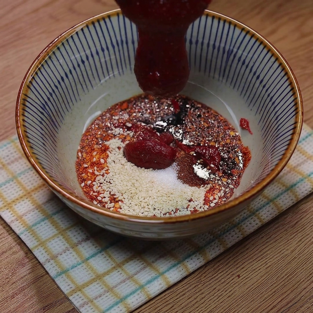 Korean chili paste and water being stirred into the previously prepared sauce mixture in a bowl.