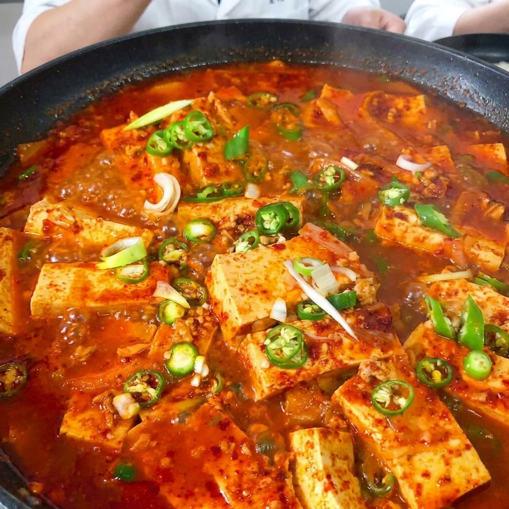 Sliced onions and firm tofu cubes added to the pan containing the browned pork.