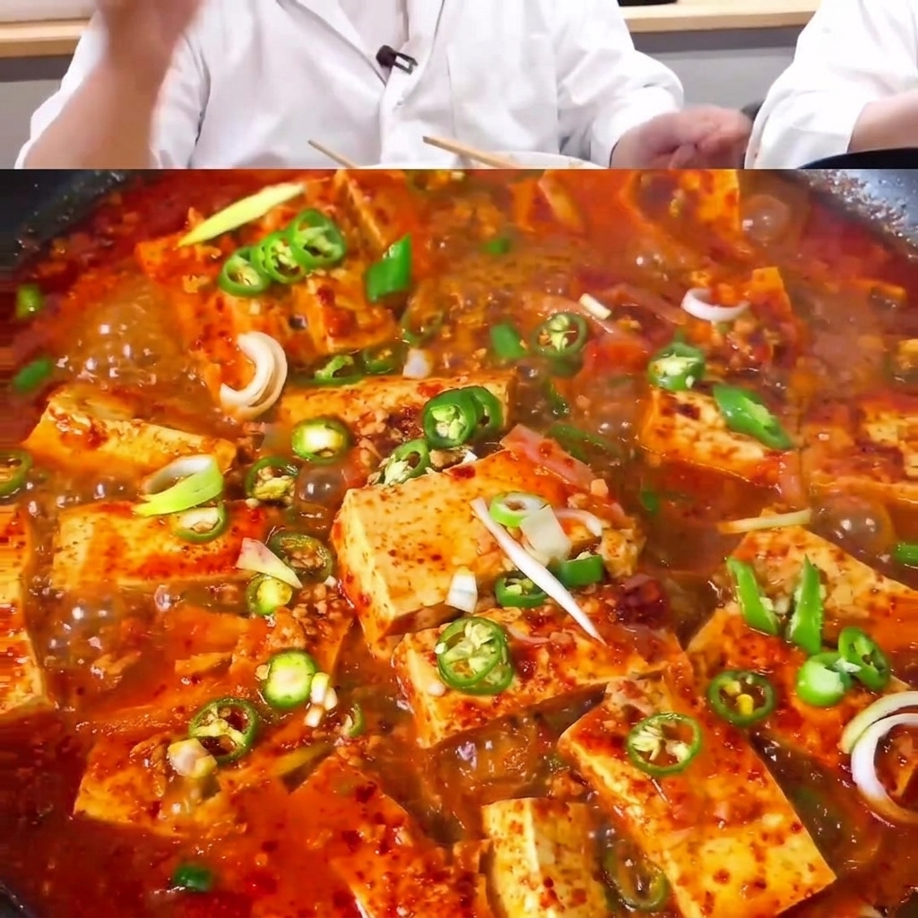 The sauce and water being poured over the tofu, pork, and onion mixture in the pan.