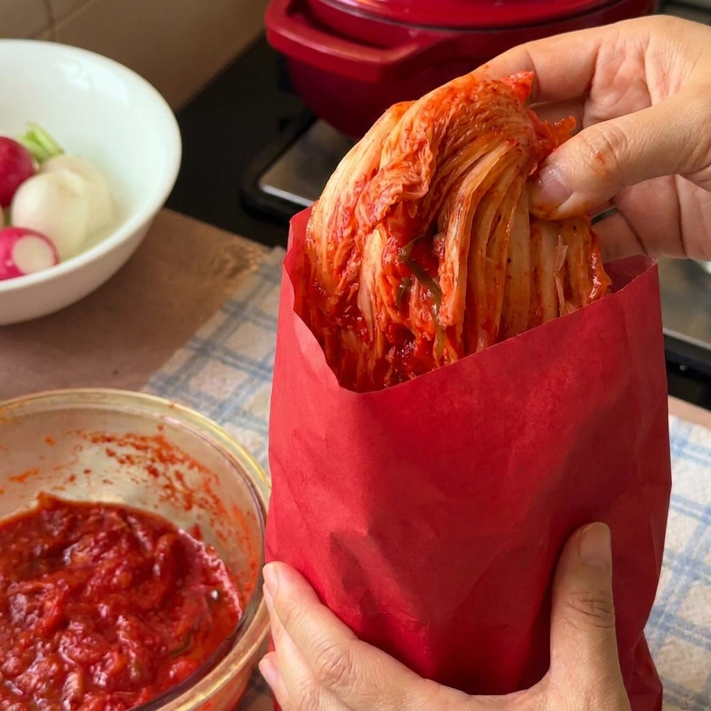 Fresh napa cabbage kimchi being transferred from a plastic bag to a glass bowl using metal tongs.