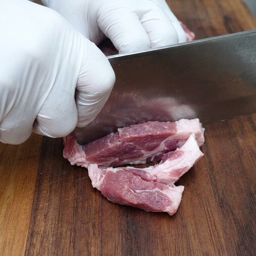 Pork shoulder meat being diced into small cubes on a wooden cutting board.