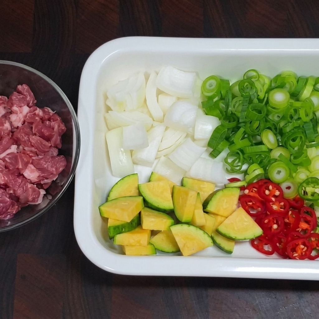 Chili paste and chili powder being stir-fried in a mix of cooking and sesame oil in a pan.