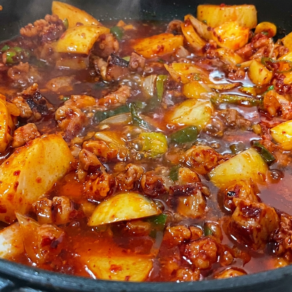 Anchovy broth being poured into the pan over the pork and vegetable mixture.