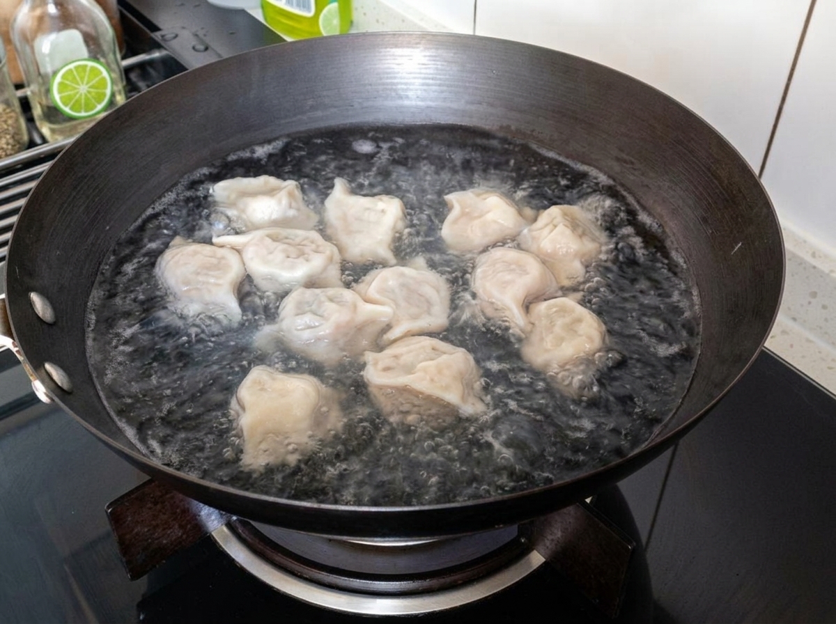 Tofu strips being added to a pot with simmering dumplings and broth.
