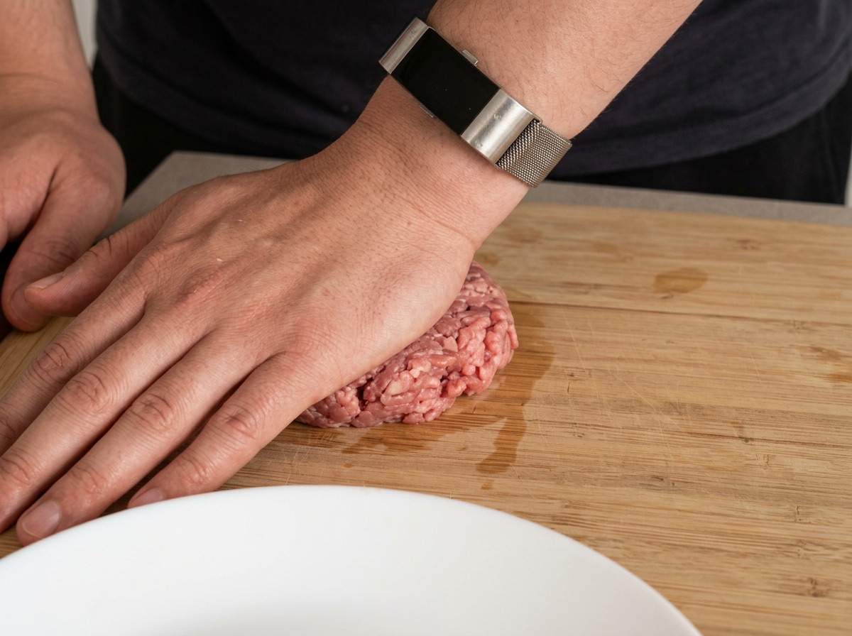 A hand pressing a raw meatball flat on a wooden cutting board to create a burger patty.