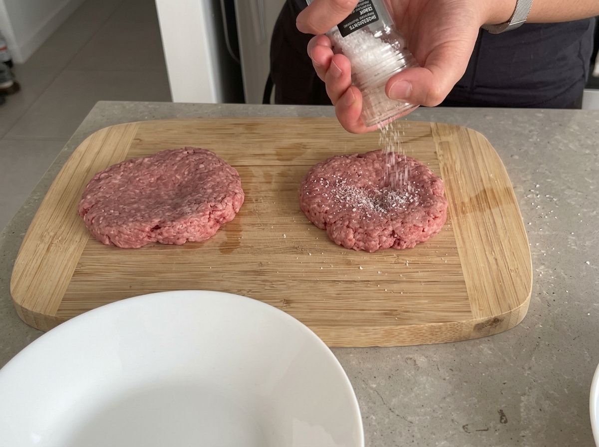 A hand grinding fresh black pepper onto raw beef patties resting on a wooden board.