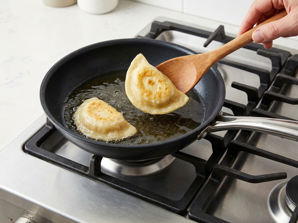 A teaspoon of sugar being sprinkled over softened onions in a frying pan.
