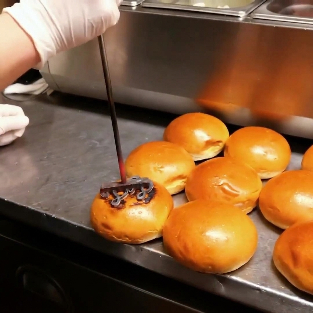 Close-up of a hot metal brand imprinting a logo onto fresh burger buns.