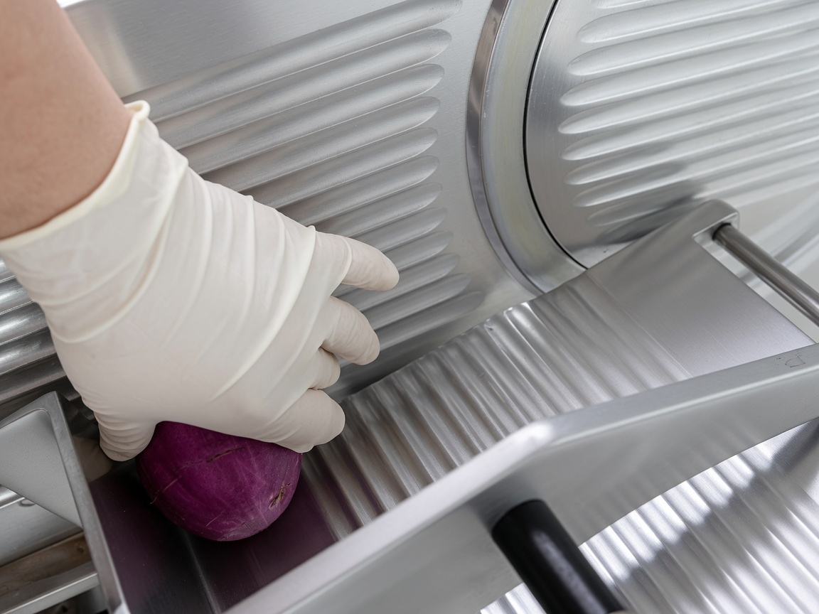 Red onion slices being organized into a storage container.