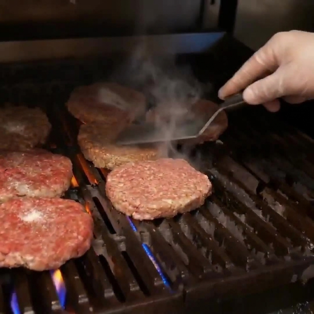 Thick bison patties searing on a hot grill grate with salt being applied.