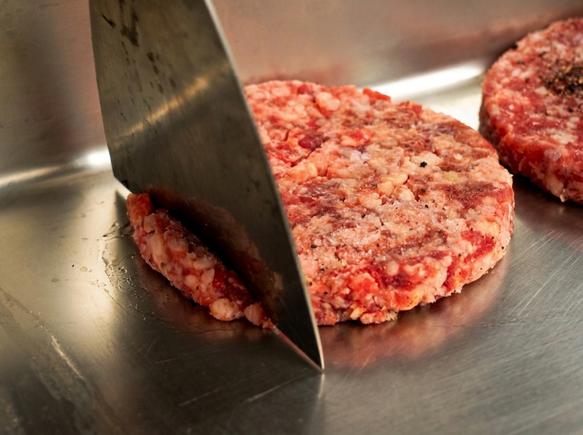 A raw beef patty being mixed inside a metal container with a flat spatula.