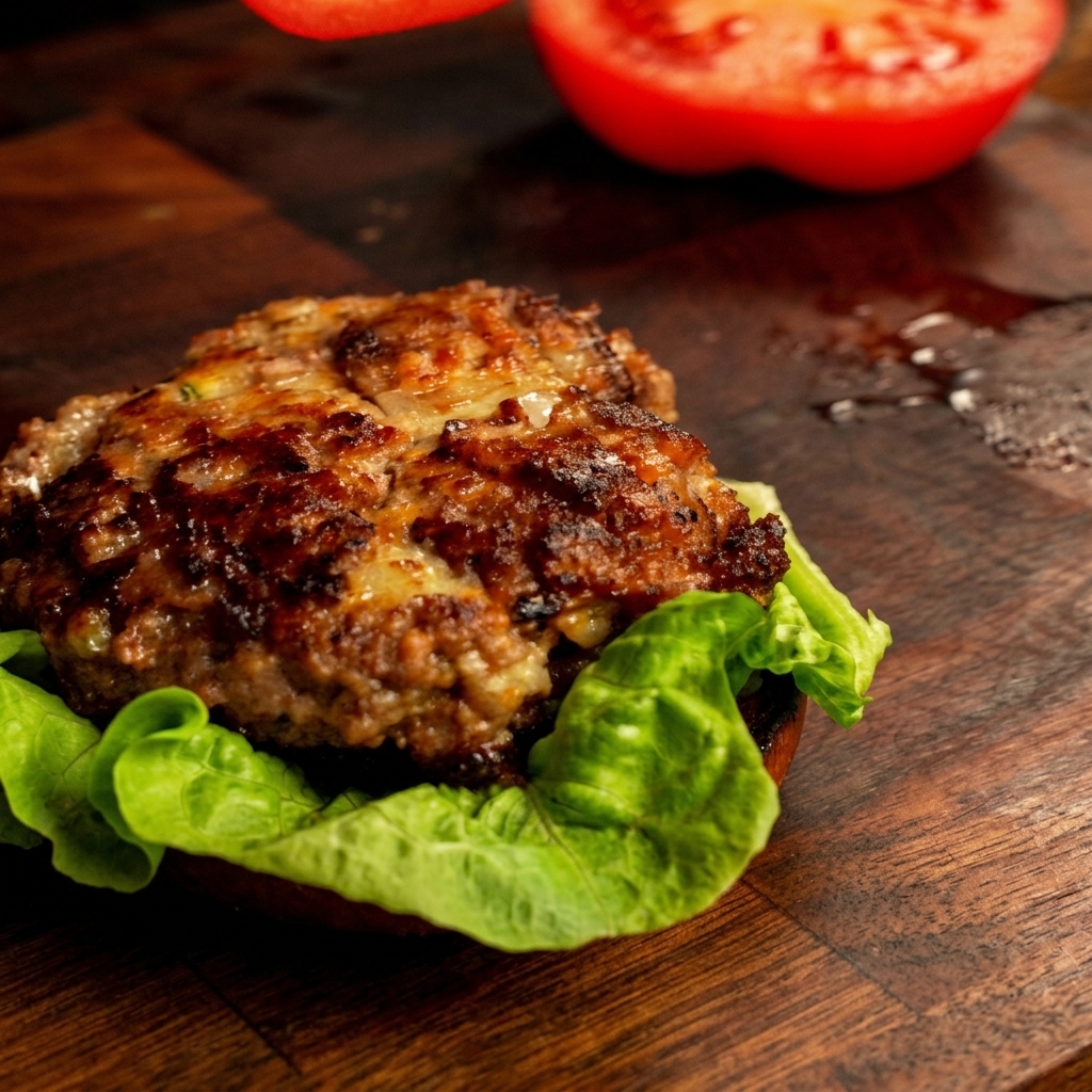 A slice of fresh tomato being carefully placed on top of a cooked beef patty.