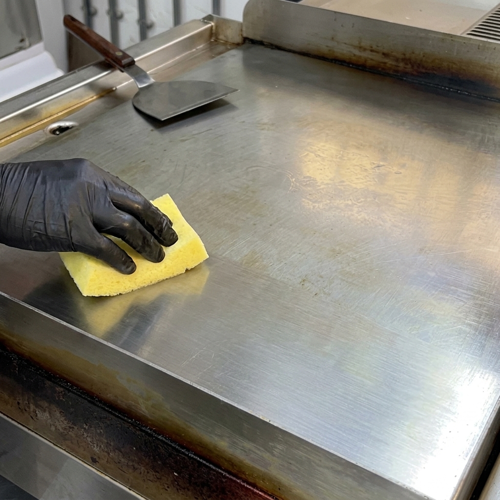 Chopped raw bacon pieces being added to the hot, buttered griddle surface.