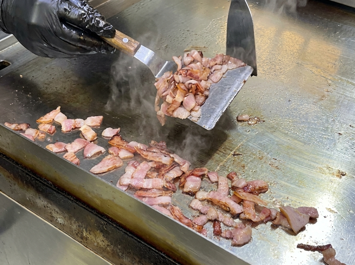 A metal spatula stirring pieces of bacon on a hot griddle to render the fat.