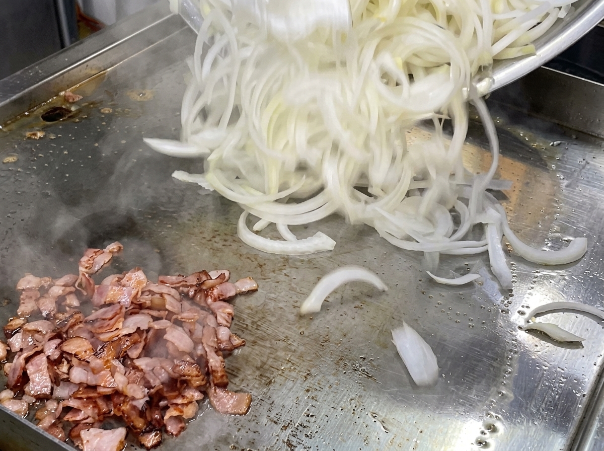 A large pile of thinly sliced raw white onions being poured onto a flat top griddle next to a pile of cooked bacon pieces.